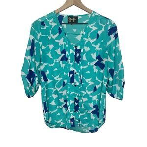 YUMI KIM Women's XS Button Front Watercolor Floral Roll Tab Sleeve Top Blue Teal
